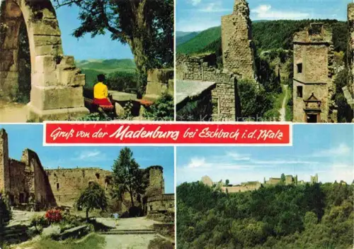 AK / Ansichtskarte Madenburg Burg Eschbach Pfalz Madenburg Burgruine Mauerwerk Ruine Bergblick Wald Frau