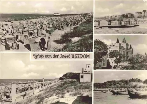 AK / Ansichtskarte Usedom Mecklenburg-Vorpommern Ahlbeck Koelpinsee Bansin Zinnowitz Koserow Strand Strandkoerbe Seebruecke Villa Ostsee Fischerboot FDGB-Erholungsheim