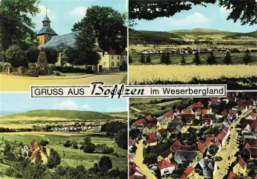 AK / Ansichtskarte Boffzen Weserbergland Holzminden Niedersachsen Gruss-aus Weserbergland Kirche Denkmal Panorama Fliegeraufnahme Felder Wohngebiet