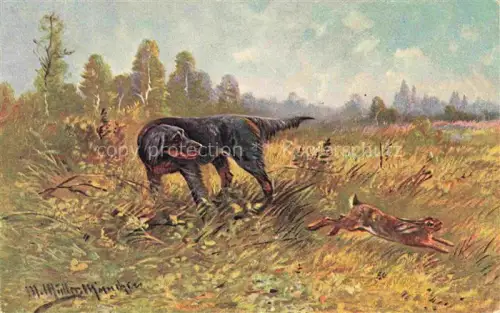 AK / Ansichtskarte MueLLER junior Kuenstlerkarte Muenchen Hund Hase Jagd 