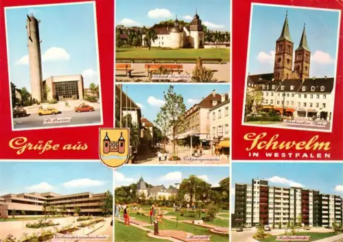 AK / Ansichtskarte Schwelm NRW St-Marien Schloss-Martfeld Maerkischer-Platz Fussgaengerzone Verbandskrankenhaus Minigolf Moltkestrasse Wappen