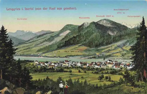 AK / Ansichtskarte Lenggries Bayern Isartal Karwendel Waxenstein Brauneck Benediktenwand Probstenwand Panorama Wanderer Bergdorf