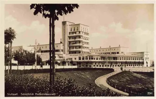 AK / Ansichtskarte STUTTGART  CITY Schoenblick Hoehenrestaurant Bauhaus-Stil Hochhaus Terrasse Baeume Weg