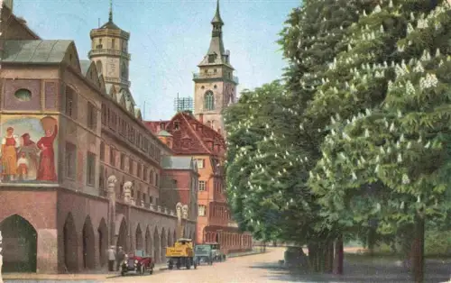 AK / Ansichtskarte STUTTGART  CITY Markthalle Kirchturm Kastanienbaum Automobile Arkaden Wandbild Strassenszene