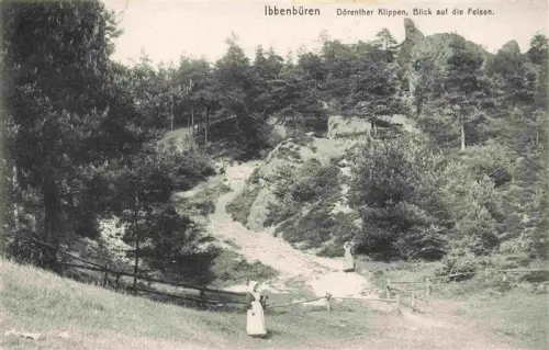 AK / Ansichtskarte Ibbenbueren NRW Doerenther-Klippen Felsen Kiefern Frauen Zaun Wald