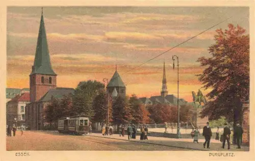 AK / Ansichtskarte EssEN  Ruhr Burgplatz Kirche Strassenszene Strassenbahn Reiterstandbild Passanten Kirchturm