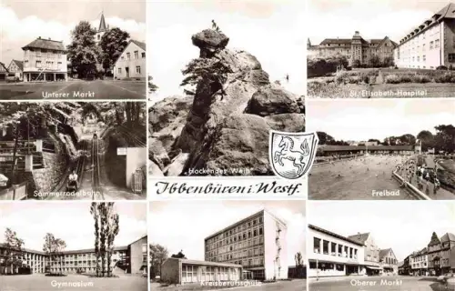 AK / Ansichtskarte Ibbenbueren NRW Unterer-Markt Hockendes-Weib St-Elisabeth-Hospital Sommerrodelbahn Freibad Gymnasium Kreisberufsschule Oberer-Markt Mehrbildkarte