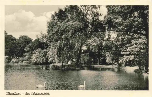 AK / Ansichtskarte Ibbenbueren NRW Schwanenteich Schwaene Teich Park Trauerweide Baeume S/W-Foto