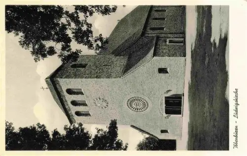 AK / Ansichtskarte Ibbenbueren NRW Ludwigskirche Kirchturm Rosette Sandstein Kirchenfassade S/W-Foto