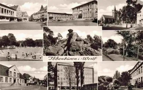 AK / Ansichtskarte Ibbenbueren NRW Marktplatz Rathaus Kirche Freibad Felsen Park Schule Mehrbildkarte