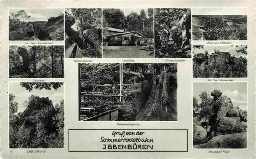 AK / Ansichtskarte Ibbenbueren NRW Sommerrodelbahn Kaiserstuhl Eulenschlucht Almhuette Kleines-Riestor Wolfschanze Hockendes-Weib Rocketal Felsen Mehrbildkarte