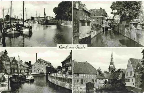 AK / Ansichtskarte Stade  Elbe Niedersachsen Hafen Segelboote Kanal Altstadt Kirchturm Fachwerkhaeuser Speicher Schwinge Mehrbildkarte
