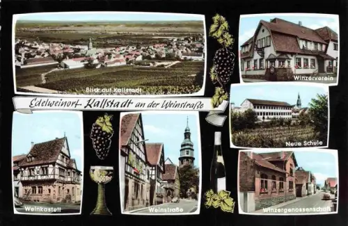 AK / Ansichtskarte Kallstadt Bad Duerkheim Rheinland-Pfalz Weinstrasse Winzerverein Neue-Schule Weinkastell Winzergenossenschaft Fachwerk Kirchturm Weinberge