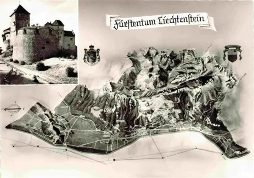 AK / Ansichtskarte LIECHTENSTEIN FueRSTENTUM Reliefkarte Fuerstentum Vaduz-Schloss Wappen Bergland Rheintal Karte
