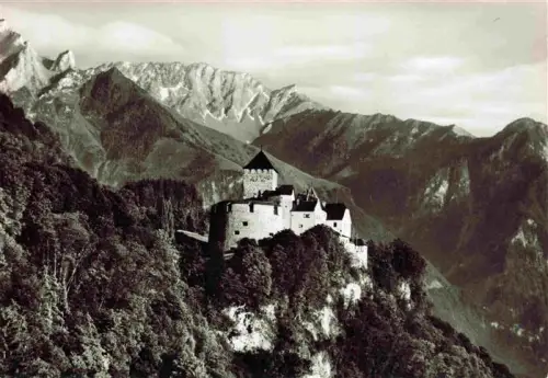 AK / Ansichtskarte Vaduz Liechtenstein FL Schloss-Vaduz Burg Fels Bergwald Alpen Fuerstentum Wappen