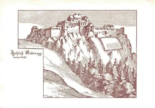 AK / Ansichtskarte Rodenegg Schloss Brixen Bressanone Suedtirol IT Schloss-Rodenegg Burg Fels Zeichnung historisch anno-1648 Wald Huegel