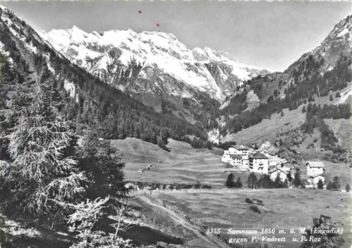 AK / Ansichtskarte Samnaun Dorf GR Hotel Bergtal Piz-Vadrett Piz-Roz Bergpanorama Alm Wald