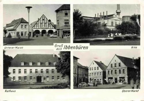 AK / Ansichtskarte Ibbenbueren NRW Unterer-Markt Oberer-Markt Rathaus Nike-Fabrik Fabrikschornstein Fachwerkhaus
