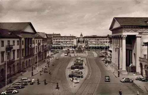 AK / Ansichtskarte Gruenwettersbach KARLSRUHE BW Marktplatz Strassenbahn Denkmal Saeulengebaeude Autos Stadtplatz