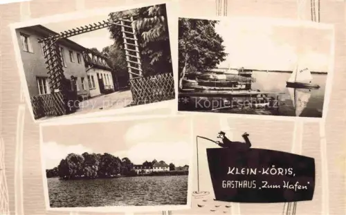 AK / Ansichtskarte Klein-Koeris Kleinkoeris Dahme-Spreewald Brandenburg Gasthaus-Zum-Hafen Hafen Segelboote See Wohnhaus Baeume Angler