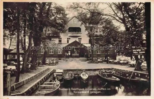 AK / Ansichtskarte Leipe Luebbenau Spreewald Brandenburg Gasthaus-Buchan Spreewald Kaehne Kanal Gastgarten Baeume Bootsanleger