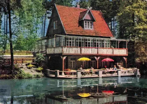 AK / Ansichtskarte Bad Muender Waldschloesschen Osterberg Teich Gaststaette Terrasse Sonnenschirme Wald Spiegelung