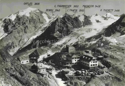 AK / Ansichtskarte Stilfserjoch 2750m Passo dello Stelvio IT Ortles Zebru C-Thurwieser Madaccio C-Trafoi P-Tuckett Passstrasse Berge Gletscher Autos