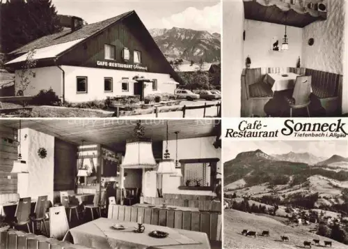 AK / Ansichtskarte Tiefenbach Sonthofen Café-Restaurant-Sonneck Alpenpanorama Allgaeuer-Alpen Gaststube Aussenansicht Weide Kuehe Berglandschaft Sonthofen