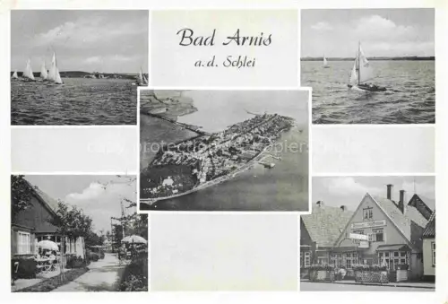 AK / Ansichtskarte Bad Arnis Schlei Schleswig-Holstein Schlei Segelboote Luftbild Halbinsel Hafen Ortsansicht Kaufhaus