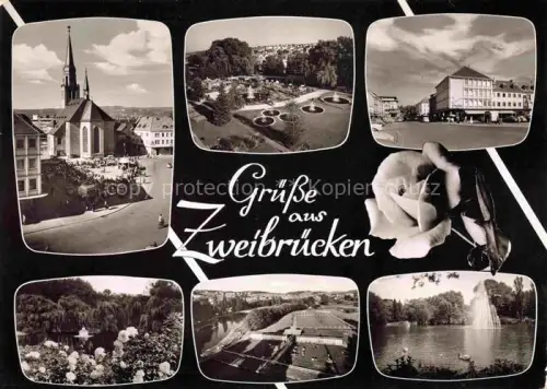 AK / Ansichtskarte Zweibruecken Pfalz Kirche Marktplatz Rosengarten Stadtpark Schwimmbad Weiher Fontaene Stadtansicht