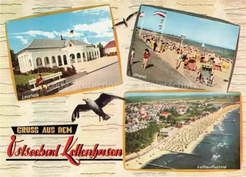 AK / Ansichtskarte KELLENHUSEN Ostseebad Schleswig-Holstein Ostseebad Lesehalle Strand Badegaeste Strandkoerbe Moewe Luftaufnahme Kurhaus