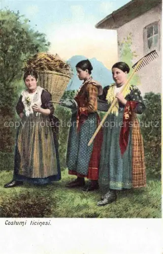 AK / Ansichtskarte Tessin Ticino Region Costumi-ticinesi Tracht Frauen Korb Rechen Heu Landarbeiterinnen