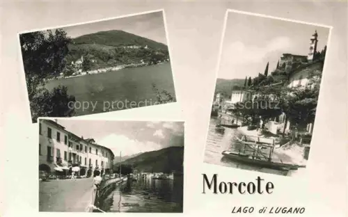 AK / Ansichtskarte Morcote Lago di Lugano TI Lago-di-Lugano See Berge Uferpromenade Boote Wasserflugzeug Haeuser Zypressen