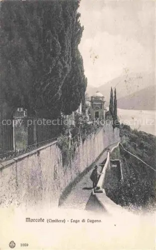 AK / Ansichtskarte Morcote Lago di Lugano TI Friedhof-Cimitero Zypressen Lago-di-Lugano Mauer Kapelle Berge Spaziergaenger