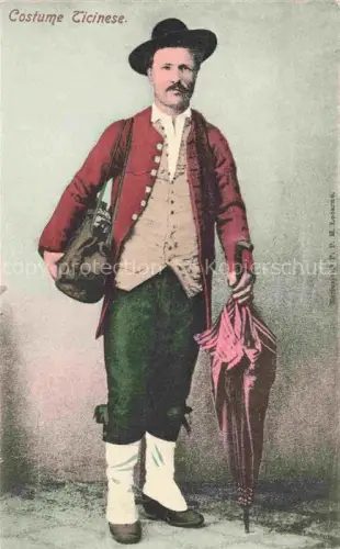 AK / Ansichtskarte Ticinesi Ticino Tessin Region Costume-Ticinese Tracht Mann Hut Regenschirm Tasche Handkoloriert