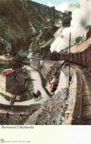 AK / Ansichtskarte Gotthardbahn Eisenbahn Leventina TI Ferrovia-San-Gottardo Dampfzug Tunnel Schlucht Pferdefuhrwerk Bruecke Felsen Dampf Handkoloriert
