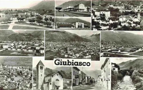 AK / Ansichtskarte Giubiasco Bellinzona TI Bahnhof Kirche Stadtansicht Fluss Berge Hauptstrasse Industriegebiet