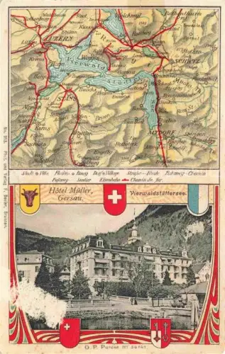 AK / Ansichtskarte Gersau Vierwaldstaettersee SZ Hôtel-Mueller Vierwaldstaettersee Landkarte Zentralschweiz Luzern Schiff Wappen
