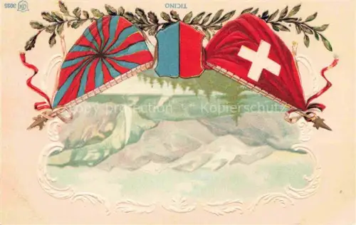 AK / Ansichtskarte Ticino Tessin (Region) TI Ticino-Wappen Schweizer-Fahne Bergpanorama Eichenlaub Wappen Bergkristall