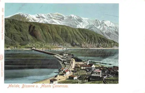 AK / Ansichtskarte Melide Lago di Lugano TI Lago-di-Lugano Monte-Generoso Bissone Damm Eisenbahn Schneeberge Haeuser Handkoloriert