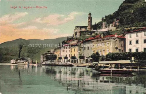AK / Ansichtskarte Morcote Lago di Lugano TI Lago-di-Lugano Dampfschiff Kirche Huegel Uferpromenade Boote Haeuser