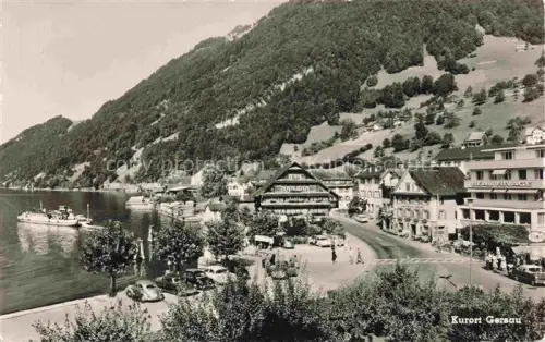 AK / Ansichtskarte Gersau Vierwaldstaettersee SZ Vierwaldstaettersee Autofaehreplatz Gerbehaus Beau-Rivage Hotel Dampfer Autos