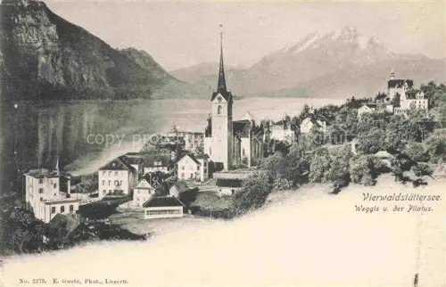AK / Ansichtskarte Weggis Vierwaldstaettersee LU Vierwaldstaettersee Pilatus Kirche Dorf Berge See
