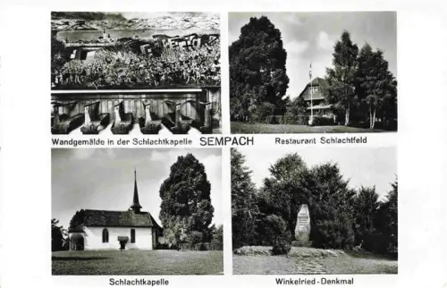 AK / Ansichtskarte Sempach LU Schlachtkapelle Wandgemaelde Restaurant-Schlachtfeld Winkelried-Denkmal Mehrbildkarte