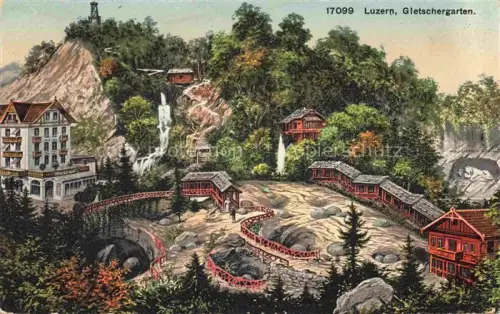 AK / Ansichtskarte LUZERN  LU Gletschergarten Gletscher Wasserfall Felsen Hotel Holzbruecke Loewendenkmal