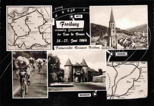 AK / Ansichtskarte FREIBURG Breisgau BW Tour-de-France Etappenziel Radfahrer Muenster Besancon Partnerstaedte Streckenplan Stadttor