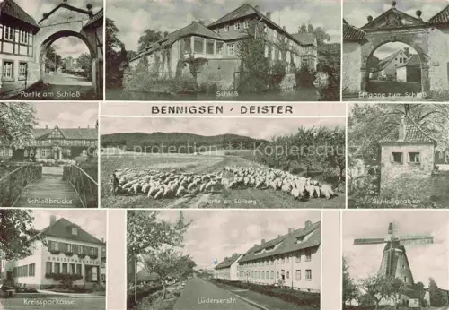 AK / Ansichtskarte Bennigsen Schloss Schlossbr cke Schlossgraben Schafherde Luederserstr Windmuehle Kreissparkasse Suellberg Deister