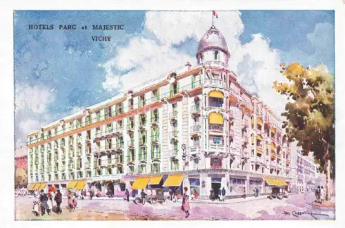 AK / Ansichtskarte VICHY 03 Allier Hotel-Parc Hotel-Majestic Hotelfassade Boulevard Passanten Fahnen Jugendstil Aquarell
