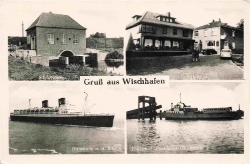 AK / Ansichtskarte Wischhafen Stade Niedersachsen Schoepfwerk Fahrhaus Hanseatia Faehrschiff Elbe Faehre Wischhafen-Glueckstadt