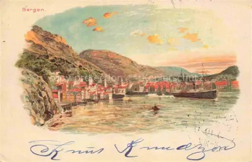 AK / Ansichtskarte Bergen Norwegen Hafen Schiffe Lithographie Berge Fjord Dampfschiff Ruderboot Stadtansicht